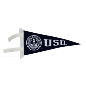A penant with the Old Main Logo and the acronym USU.